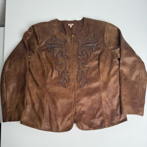Reba Woman Faux Leather Western Jacket Brown 1X Plus Size Embroidered Studded